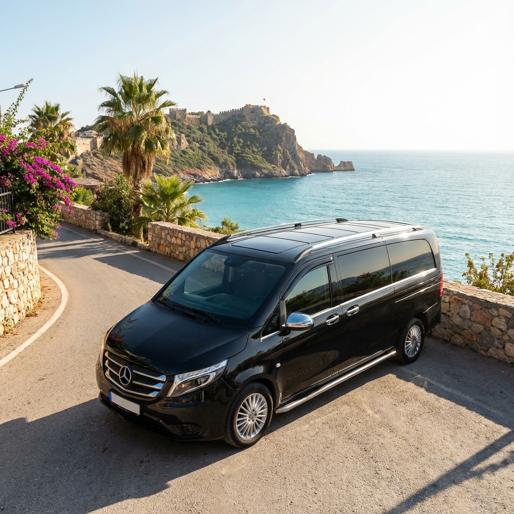 Black executive van parked outside Antalya airport