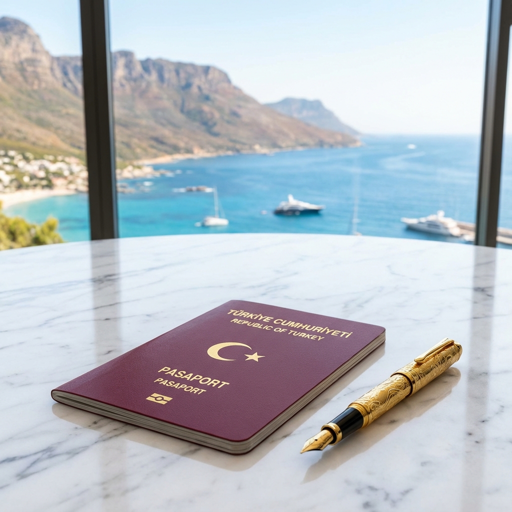 Close-up of a Turkish passport on a marble table