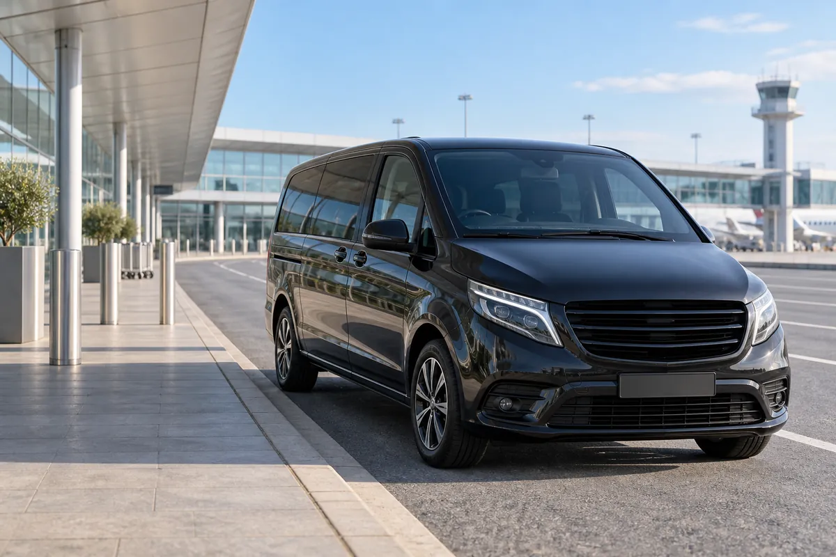 Ilustracija putničkog minibusa ispred aerodromskog terminala